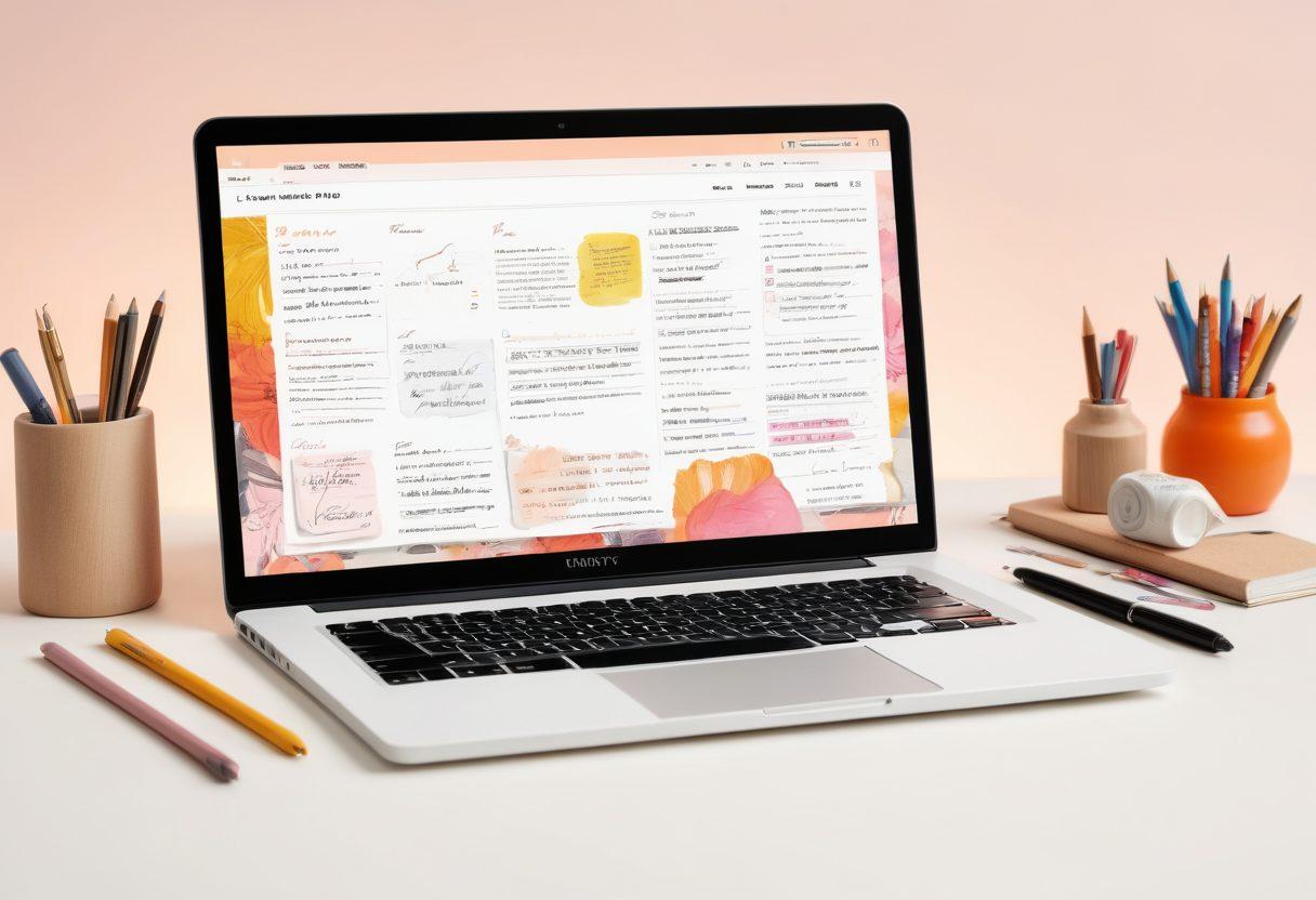 A beautifully designed digital diary interface on a laptop, showcasing vibrant blog posts and interactive elements, surrounded by artistic stationery like pens and sketches. The background features subtle digital codes and ideas floating around, symbolizing creativity and technology merging. Include a cozy, inviting environment with warm, soft lighting. super-realistic. vibrant colors. white background.