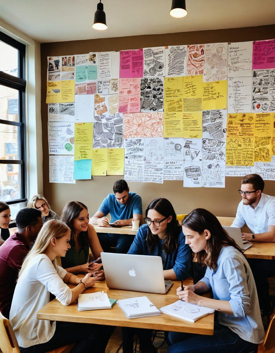 A vibrant scene of a diverse group of individuals brainstorming ideas in a cozy, well-lit coffee shop, surrounded by open laptops, sketches on paper, and colorful sticky notes. The atmosphere is lively and inspiring, with a mural on the wall depicting artistic expressions and community bonding. Emphasize creativity and collaboration, showcasing unique personalities. super-realistic. vibrant colors. warm tones.