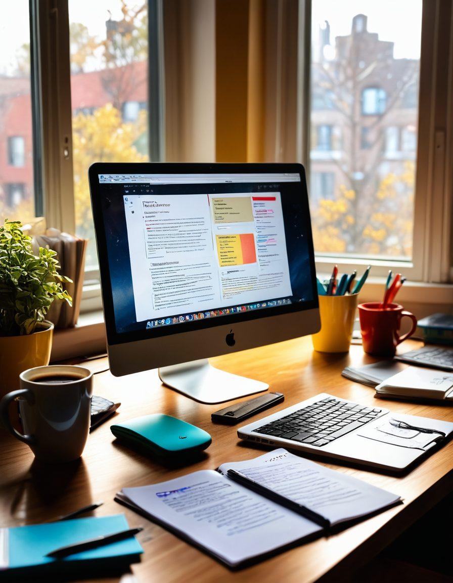 A colorful workspace filled with writing materials, a computer displaying a captivating blog layout, and engaging visuals like infographics around. On the desk, a steaming coffee cup and notes scattered with brainstorming ideas for impactful content. Light streaming in from a window, creating a warm atmosphere that inspires creativity. super-realistic. vibrant colors. cozy ambiance.